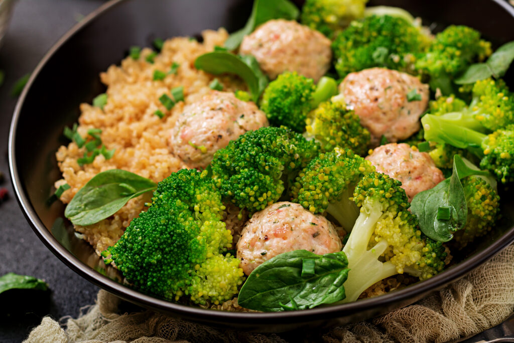 baked meatballs chicken fillet with garnish with quinoa boiled broccoli proper nutrition sports nutrition dietary menu