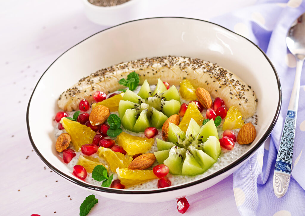 delicious healthy chia pudding with banana kiwi chia seeds